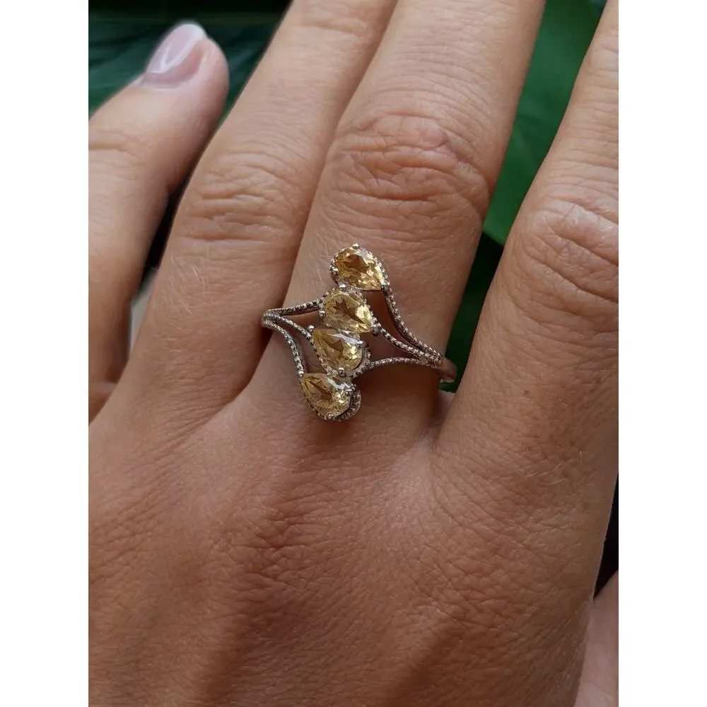 925 Sterling Silver Pear Cut 4 Stones Yellow Citrine Ring Size 10